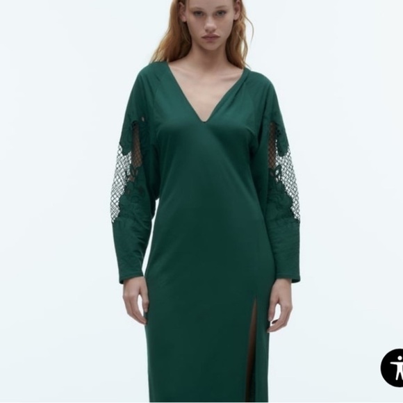 ZARA OPEN CROCHET LACE LONG SLEEVE VAMP MAXI DRESS FOREST GREEN MEDIUM NWT - Picture 3 of 16